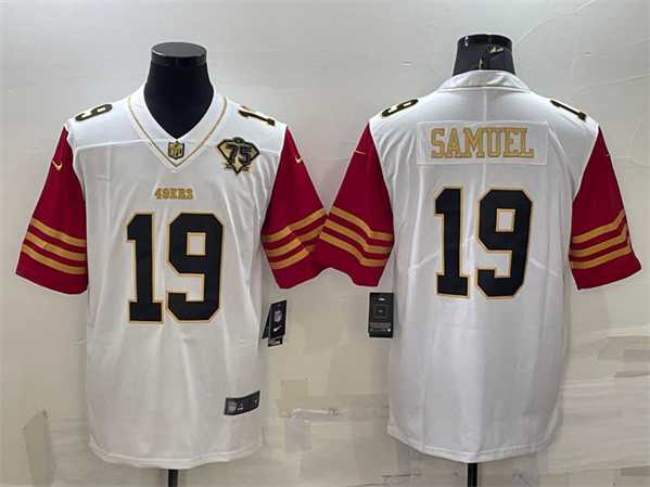 Mens San Francisco 49ers #19 Deebo Samuel White Gold Edition With 75TH Patch Limited Stitched Football Jersey